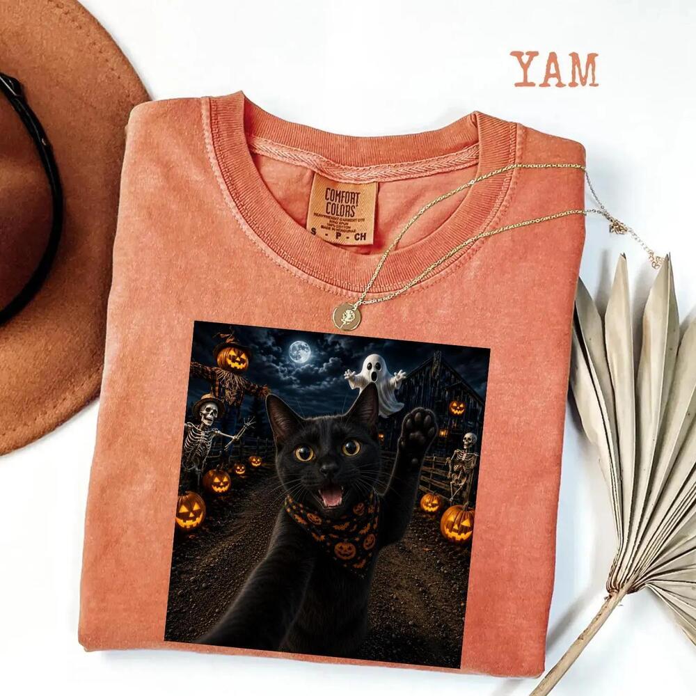 Black Cat Halloween Shirt, Funny Cat Selfie Tee, Spooky Pumpkin